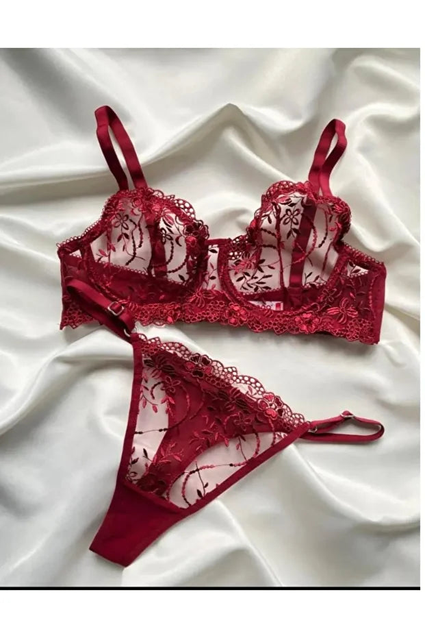 V&M Pembe Kalpli Brodeli Bralet Sütyen&Tanga İç Çamaşır Takımı