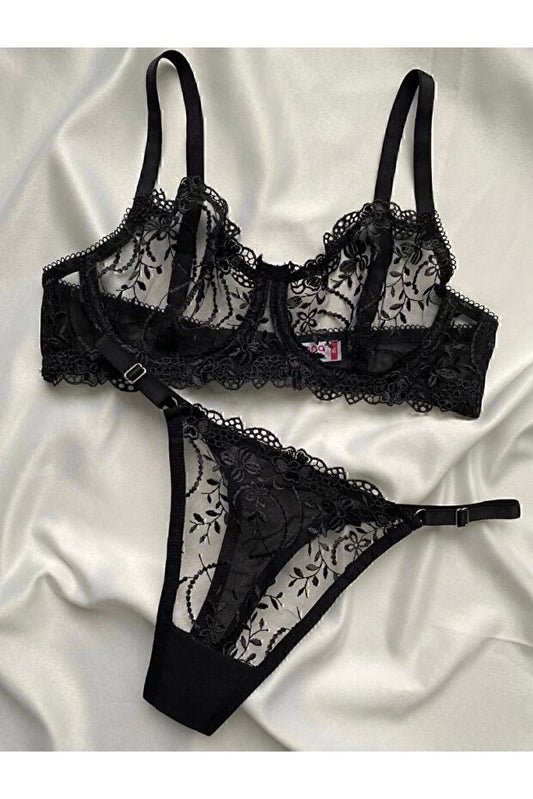 V&M Pembe Kalpli Brodeli Bralet Sütyen&Tanga İç Çamaşır Takımı