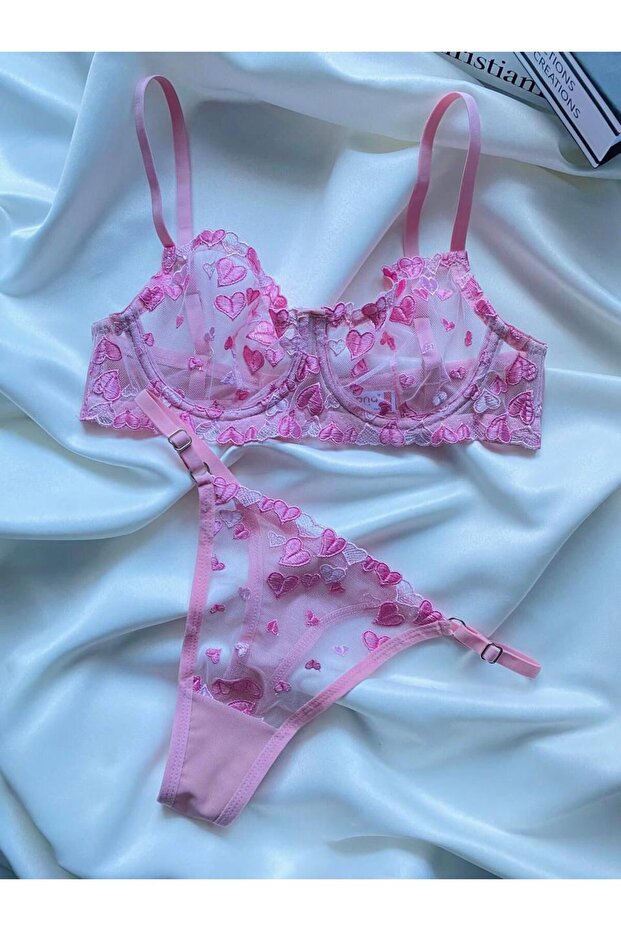 V&M Pembe Kalpli Brodeli Bralet Sütyen&Tanga İç Çamaşır Takımı